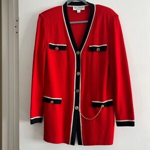 St. John cardigan sweater with metallic details and chain